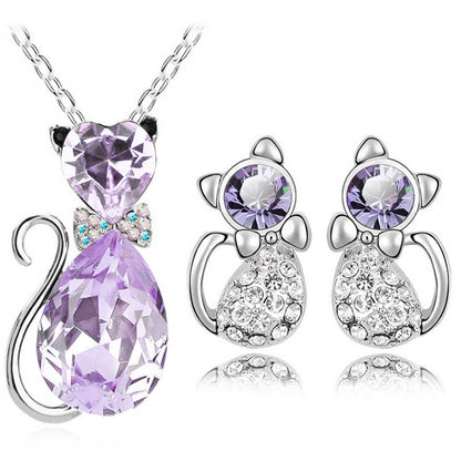 Mystique Feline Aura: Austrian Crystal Cat Jewelry Set