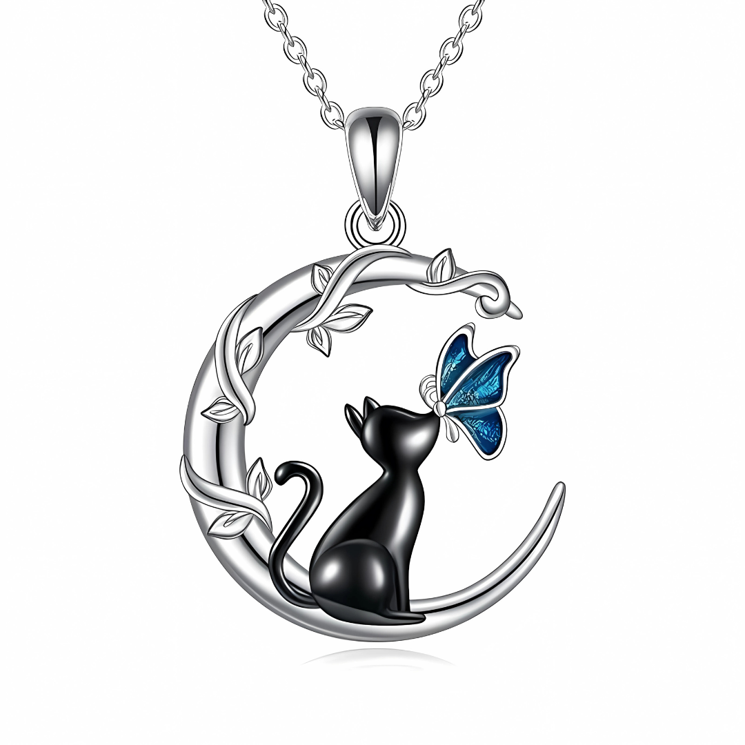 Crescent Moon Black Cat Necklace