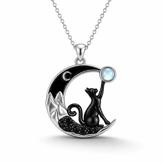 Black Cat Crescent Moon Necklace studio product photo