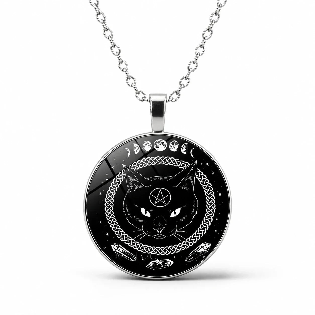 Black Cat Moon Phase Necklace studio product photo