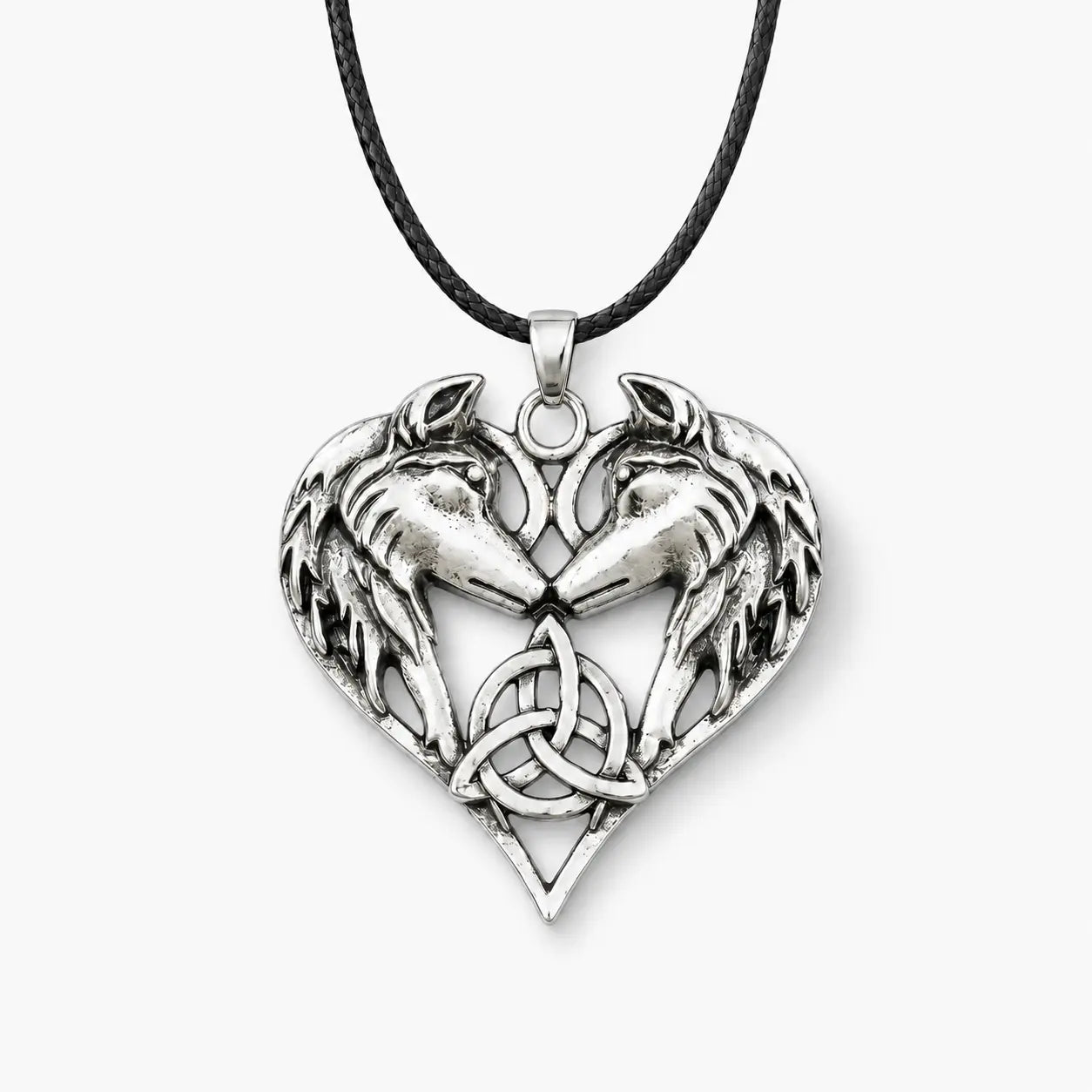 CELTIC TRINITY KNOT HEART SHAPED WOLVES NECKLACE