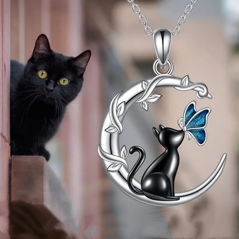 Crescent Moon Black Cat Necklace