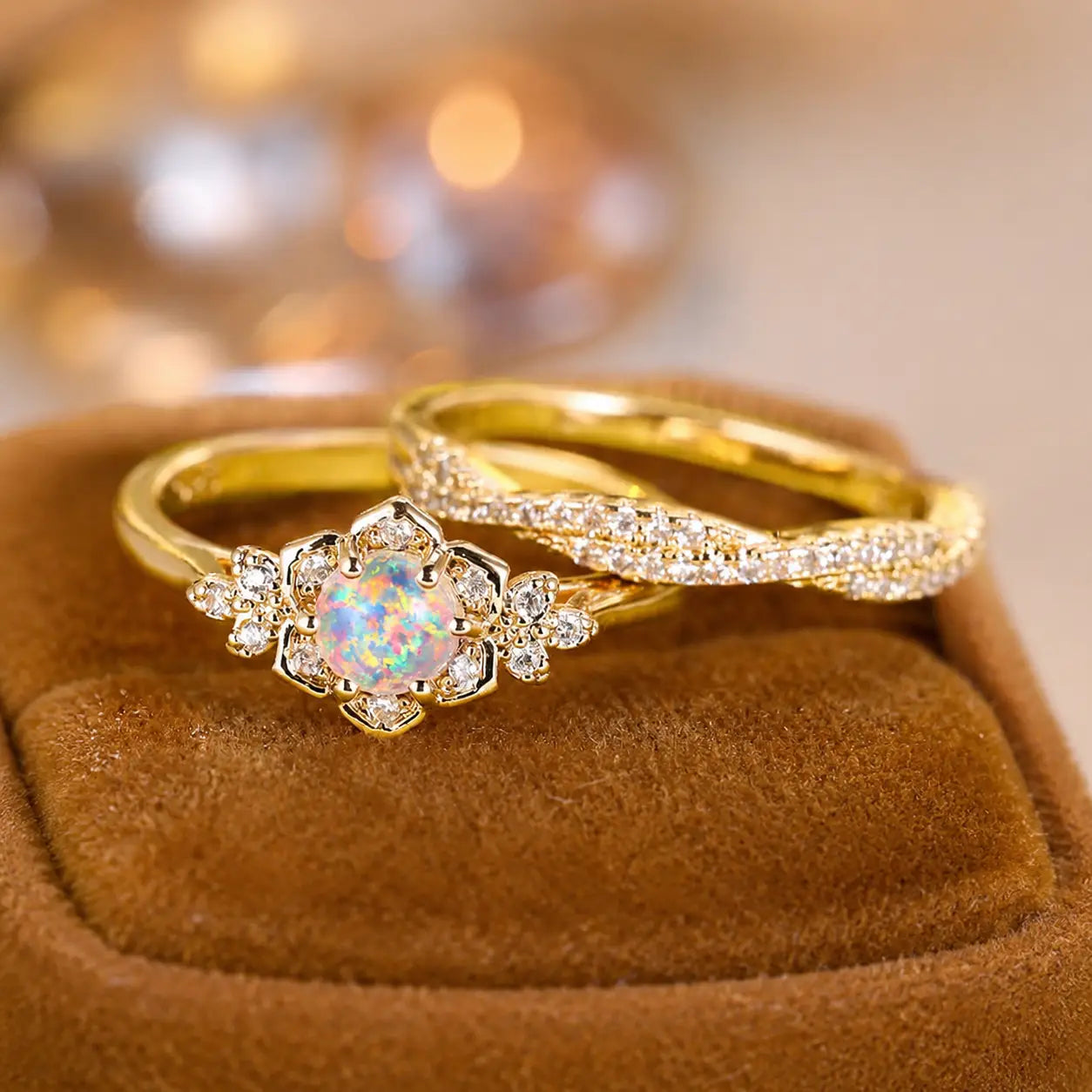 Floral Opal Blossom Ring Set