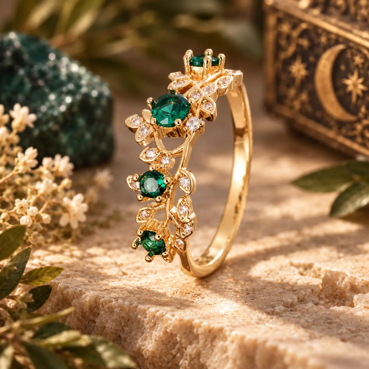 Golden Leaf Crystal Ring