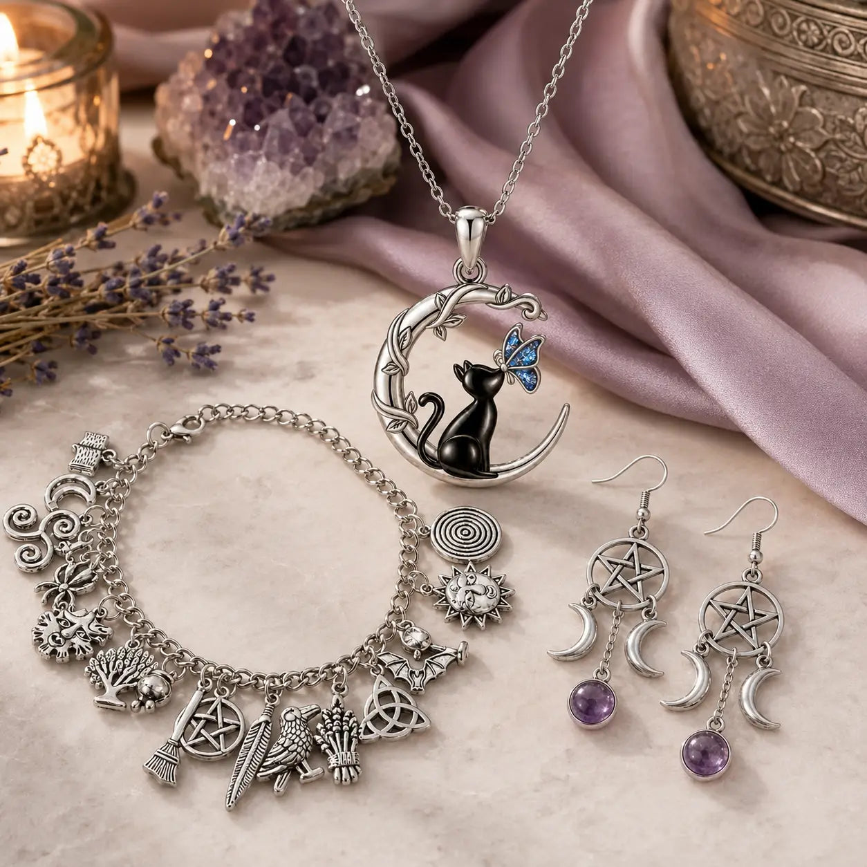 The Moonlight Trio — Black Cat Moon Necklace, Sun Moon Pentacle Rune Bracelet and Triple Moon Pentacle Earrings in amethyst