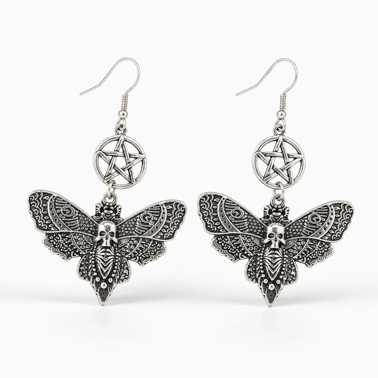 Death's Head Pentacle Moth Earrings studio product photo