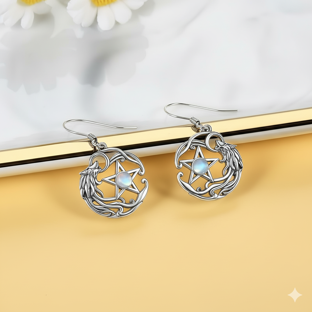 Lunar Wolf Pentacle Earrings