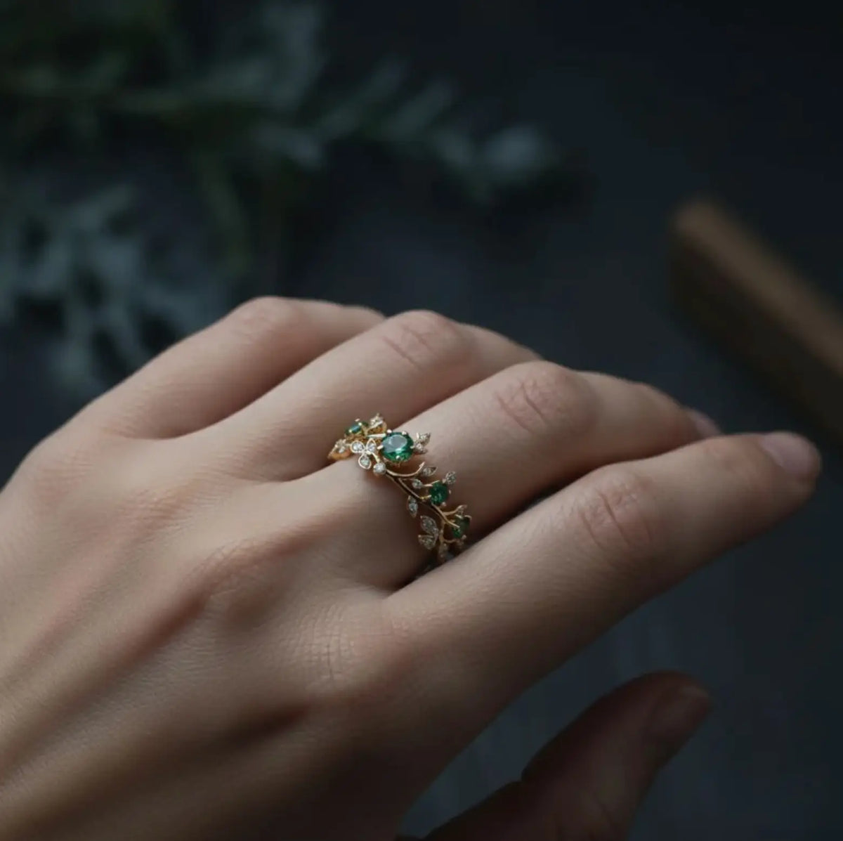 Golden Leaf Crystal Ring