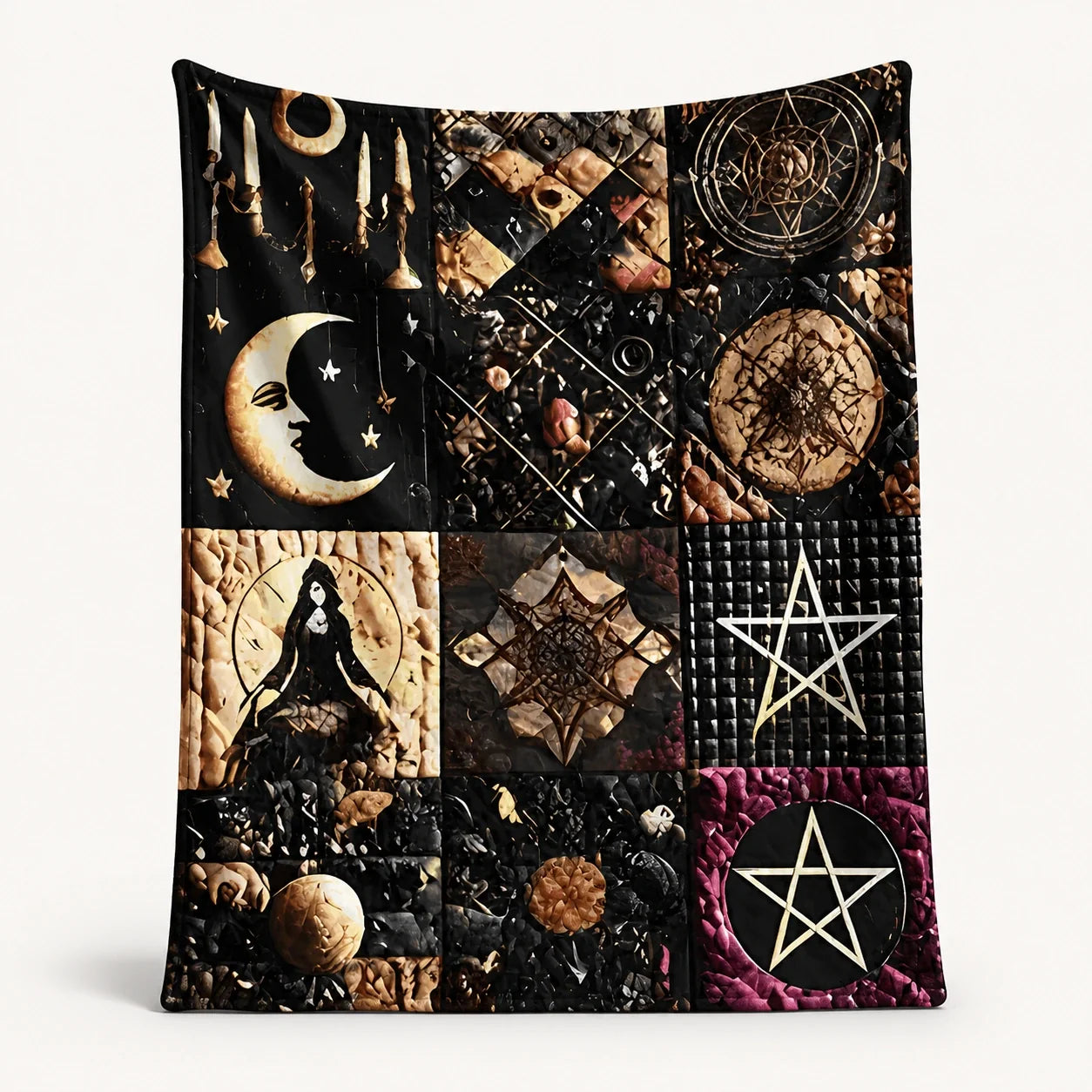 Midnight Pentacle Patchwork Blanket on a near-white studio background