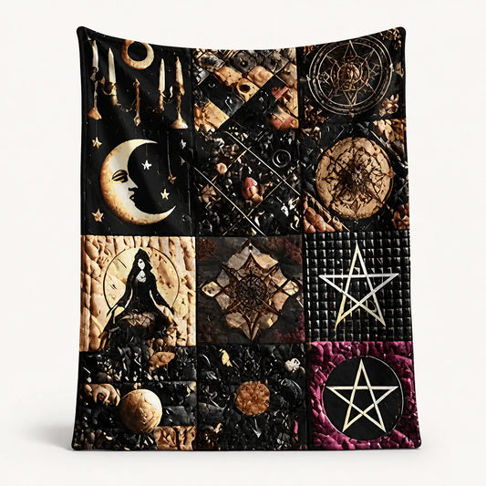 Midnight Pentacle Patchwork Blanket on a near-white studio background