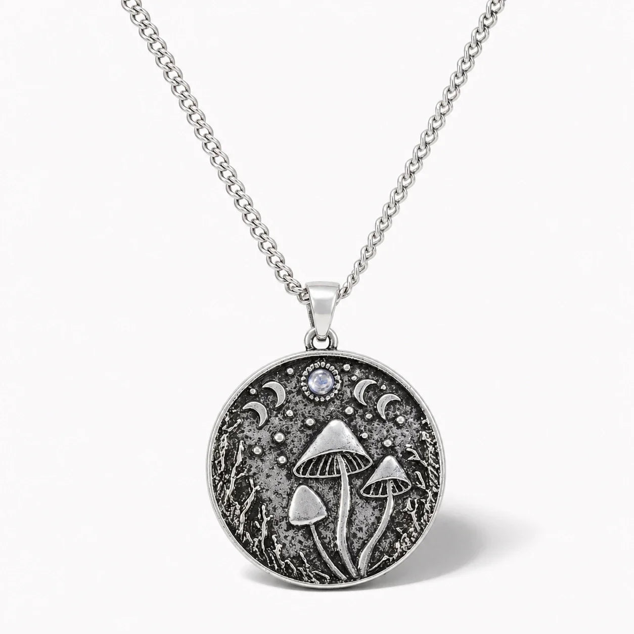 Moon Phase Mushroom Crystal Necklace studio product photo