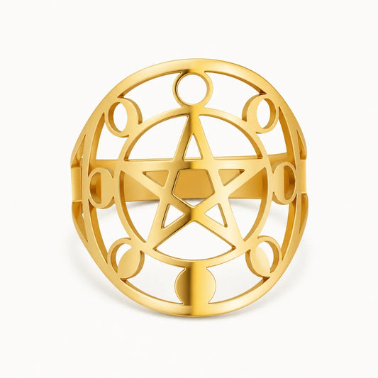 Gold Moon Phase Pentacle Ring on a near-white studio background