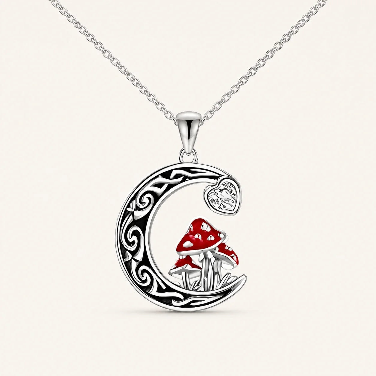 Mushroom Crescent Moon Necklace on a near-white studio background