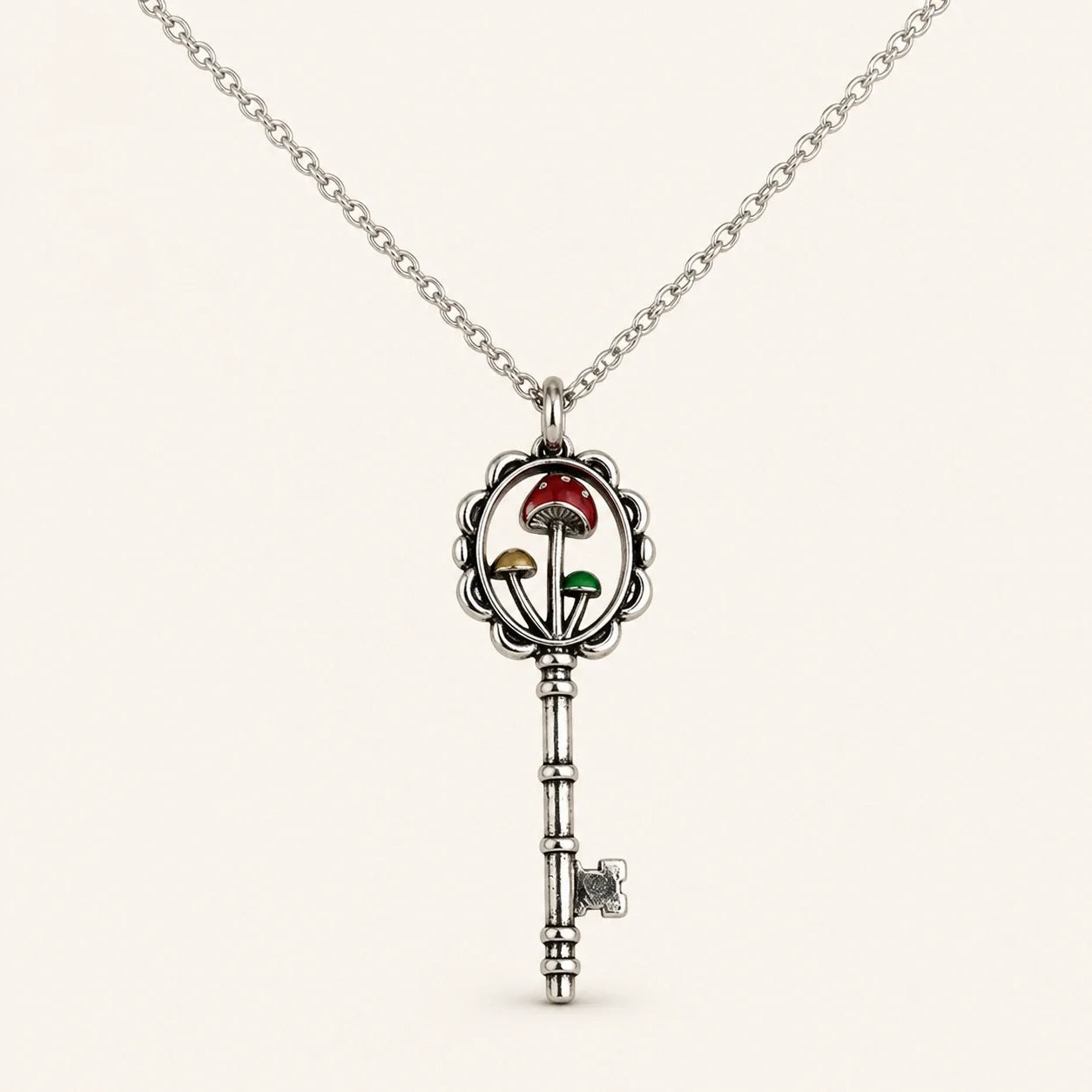 Mushroom Key Mystery Necklace on a near-white studio background