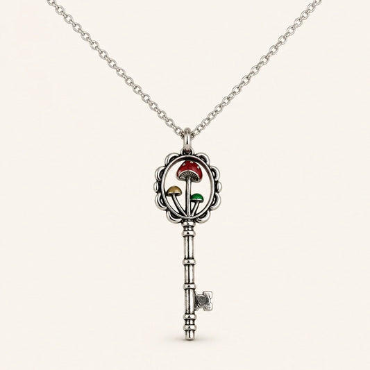 Mushroom Key Mystery Necklace on a near-white studio background