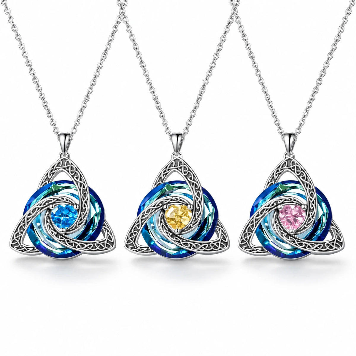 Triquetra Birthstone Crystal Necklace studio product photo