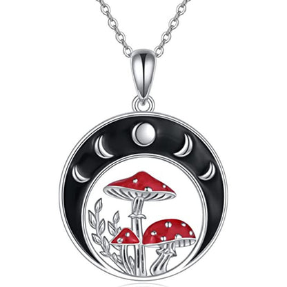 Mystical Lunar Cycle and Enchanted Red Mushroom Crescent Necklace