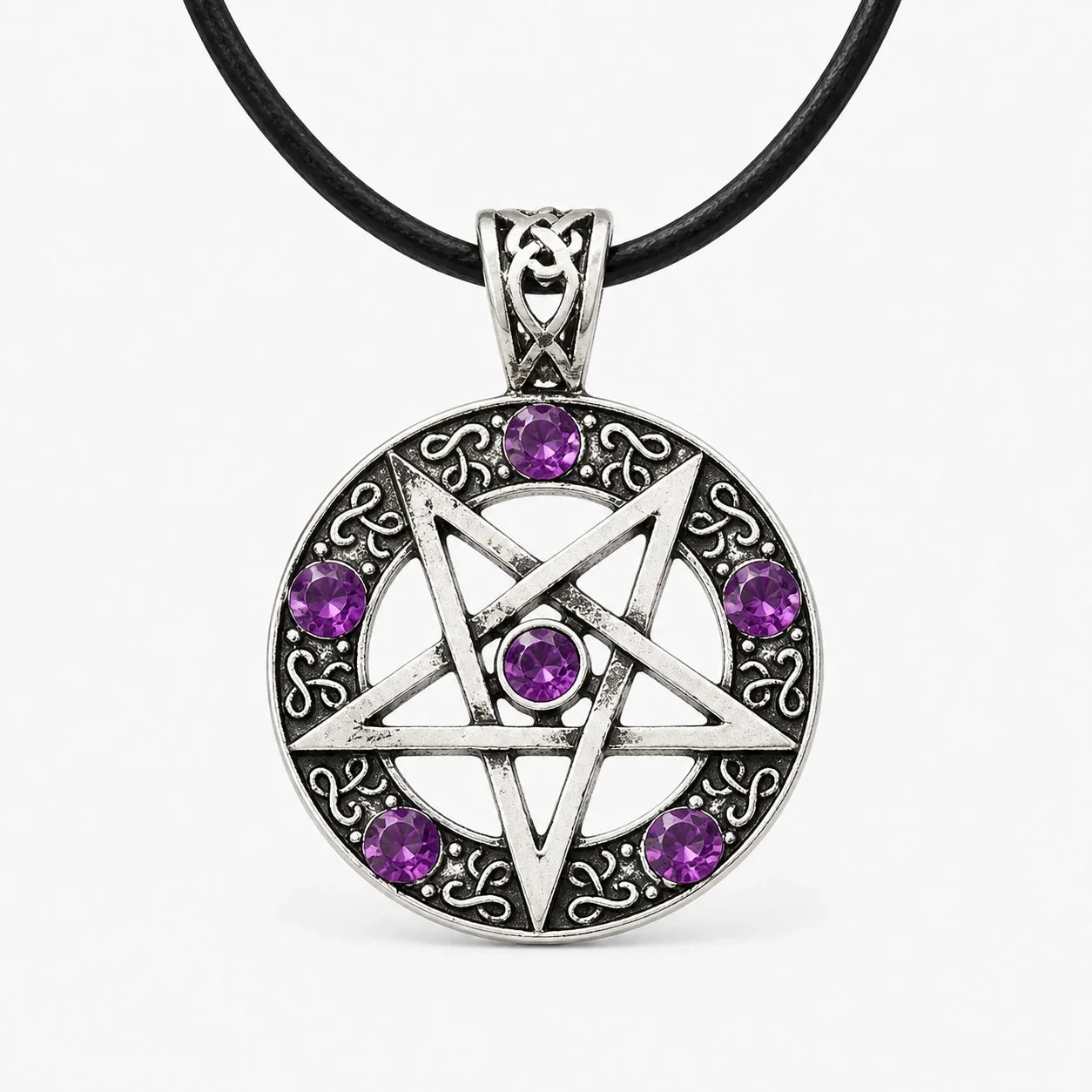 Violet crystal Pentacle Protection Necklace on a near-white studio background