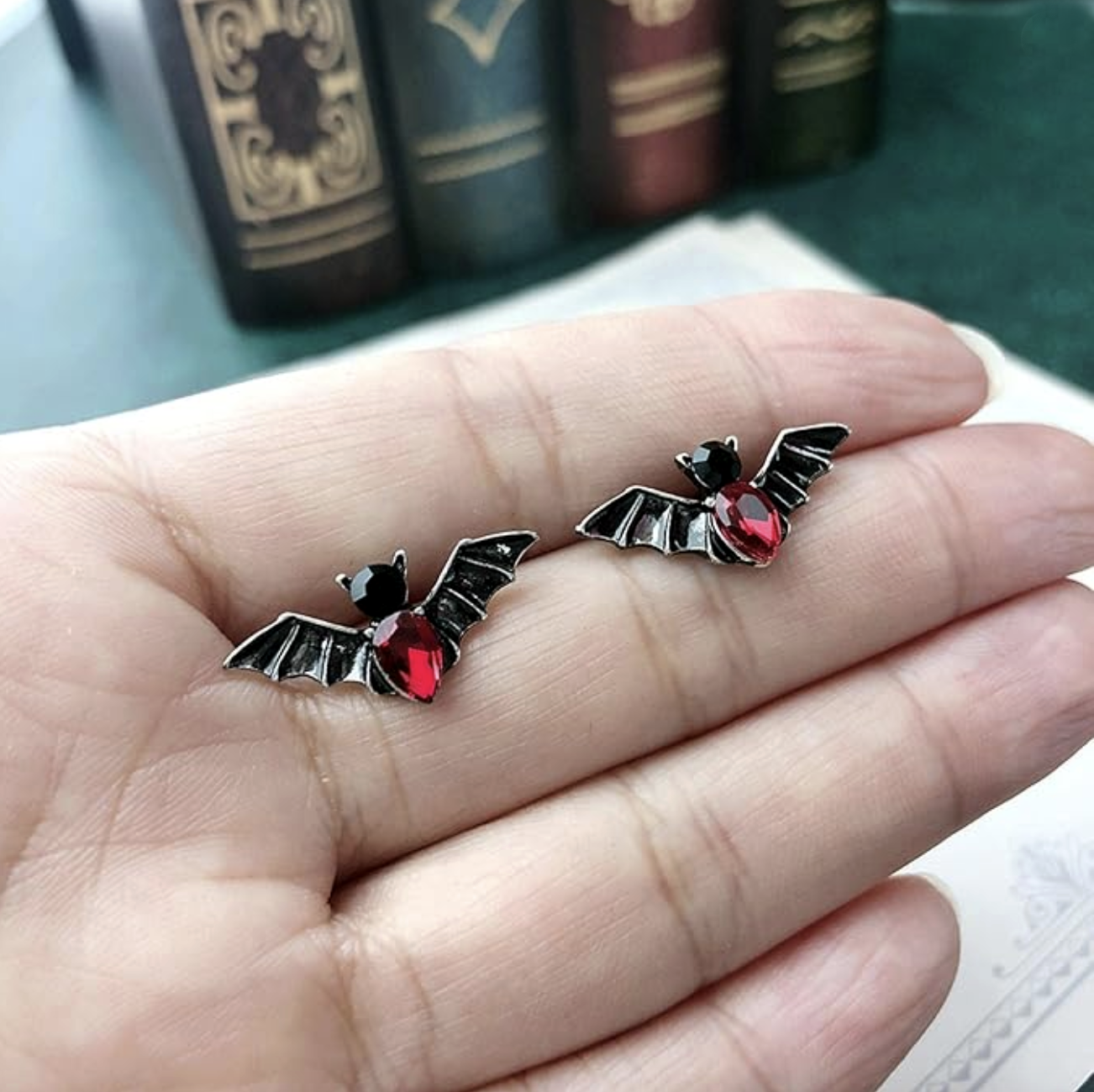 Red Gemstone Bat Stud Earrings