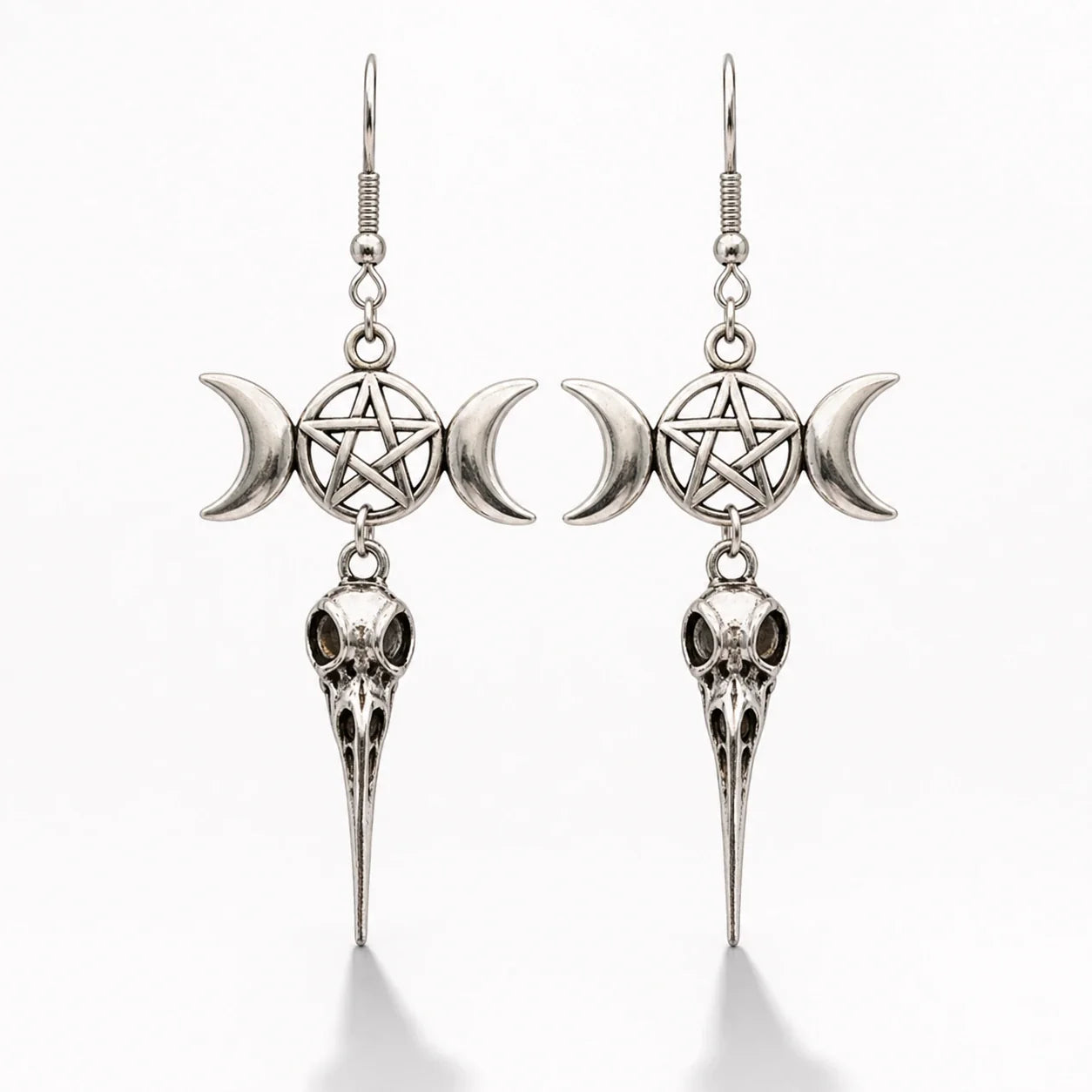 Triple Moon Crow Skull Earrings studio product photo