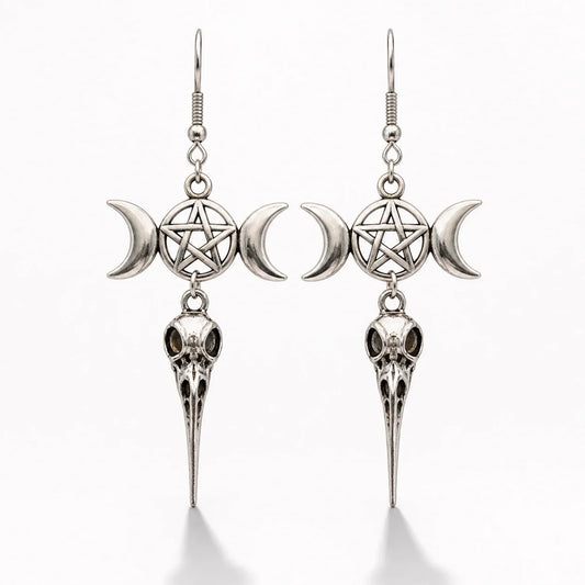 Triple Moon Crow Skull Earrings studio product photo