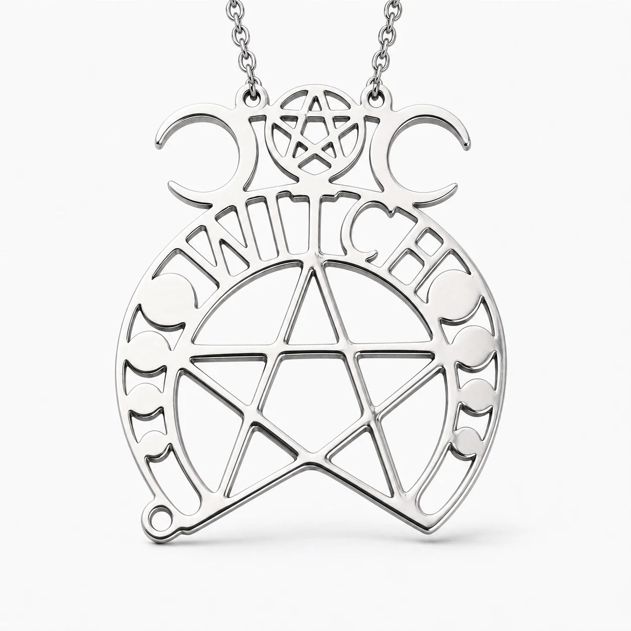 Triple Moon Pentacle Necklace polished silver studio product image