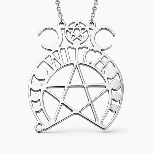 Triple Moon Pentacle Necklace polished silver studio product image