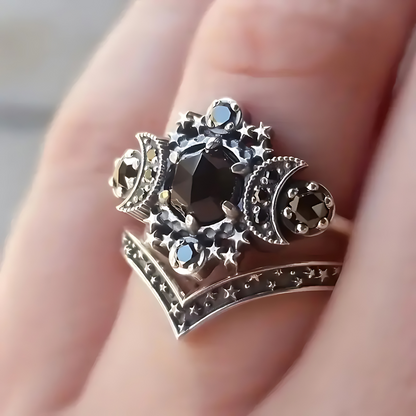 Gothic Starlit Black Agate Moon Ring Set