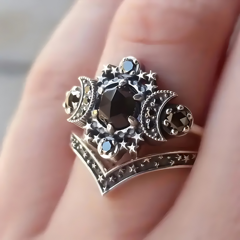 Black Agate Moon Ring Set