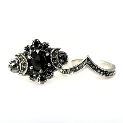 Gothic Starlit Black Agate Moon Ring Set