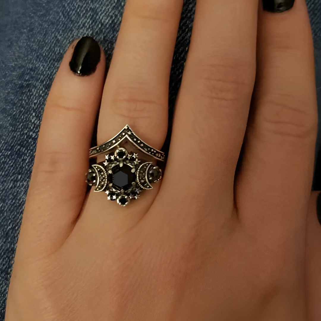 Gothic Starlit Black Agate Moon Ring Set