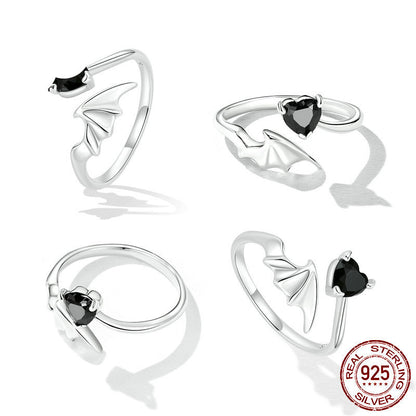 Black Heart Batwing Silver Ring