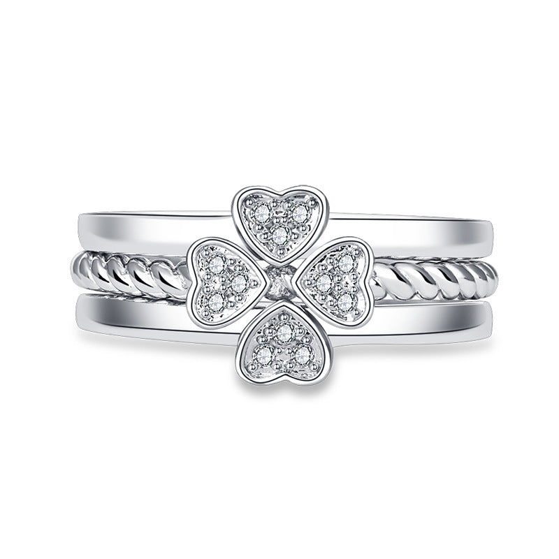 Fortune Four-Leaf Clover Crystal Ring set 3 in 1