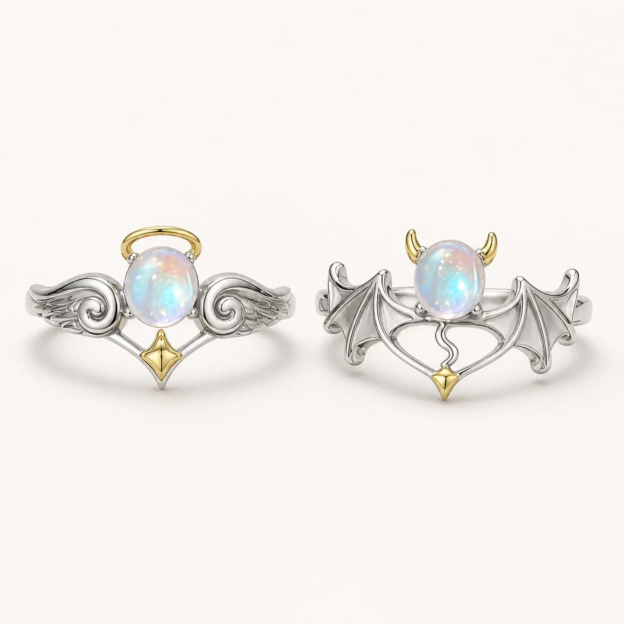 Angel Demon Moonstone Rings studio product photo
