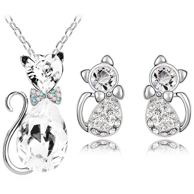 Mystique Feline Aura: Austrian Crystal Cat Jewelry Set