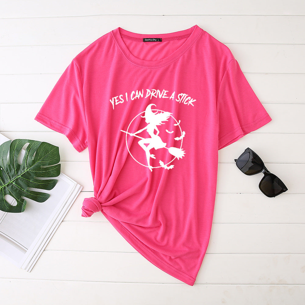 Flying witch in a circle with Yes I Can Drive a Stick graphic T-shirt