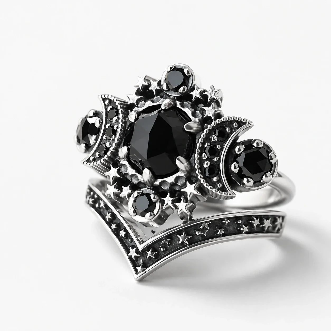 Black Agate Moon Ring Set studio product photo