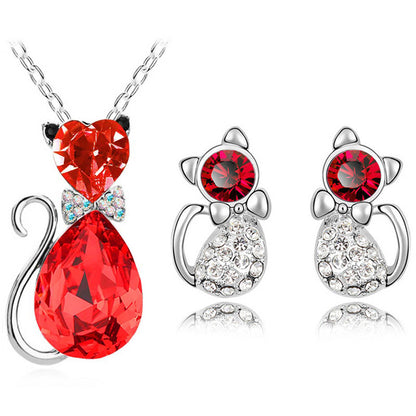 Mystique Feline Aura: Austrian Crystal Cat Jewelry Set