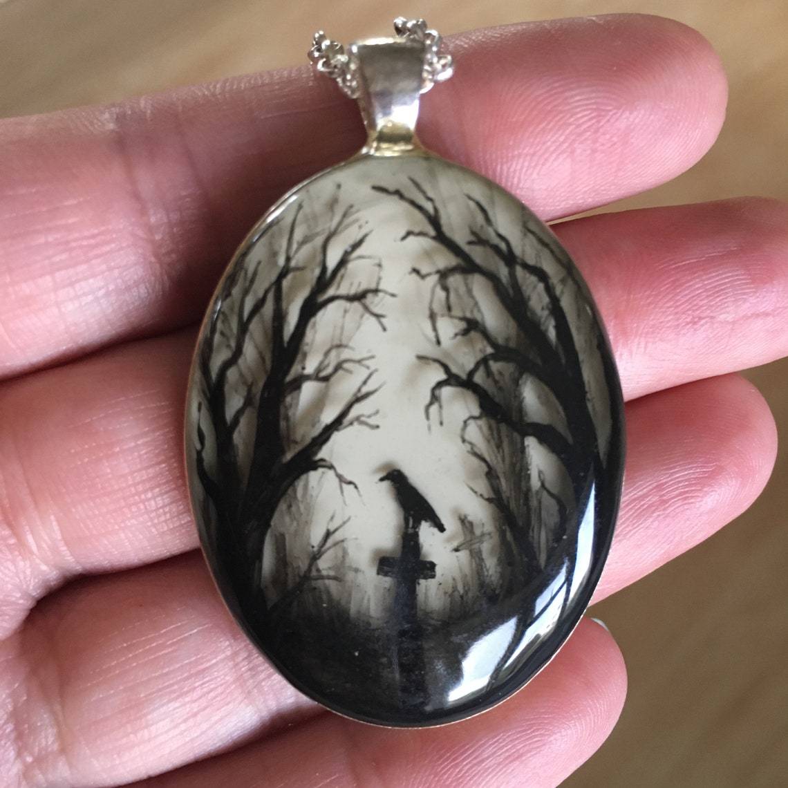 Gothic Crow Glass Pendant Necklace