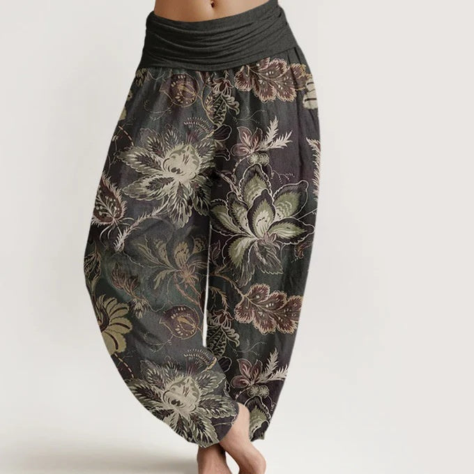 Charcoal floral harem pants with wide stretch waistband and balloon-leg silhouette