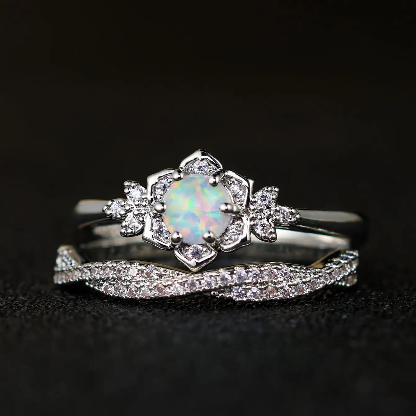 Floral Opal Blossom Ring Set