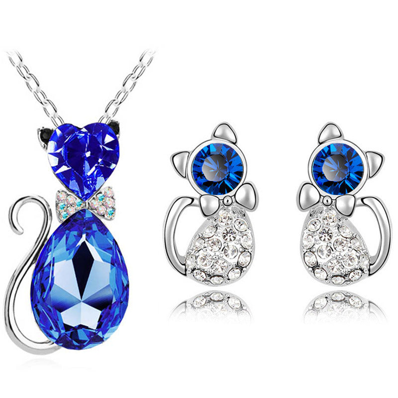 Mystique Feline Aura: Austrian Crystal Cat Jewelry Set