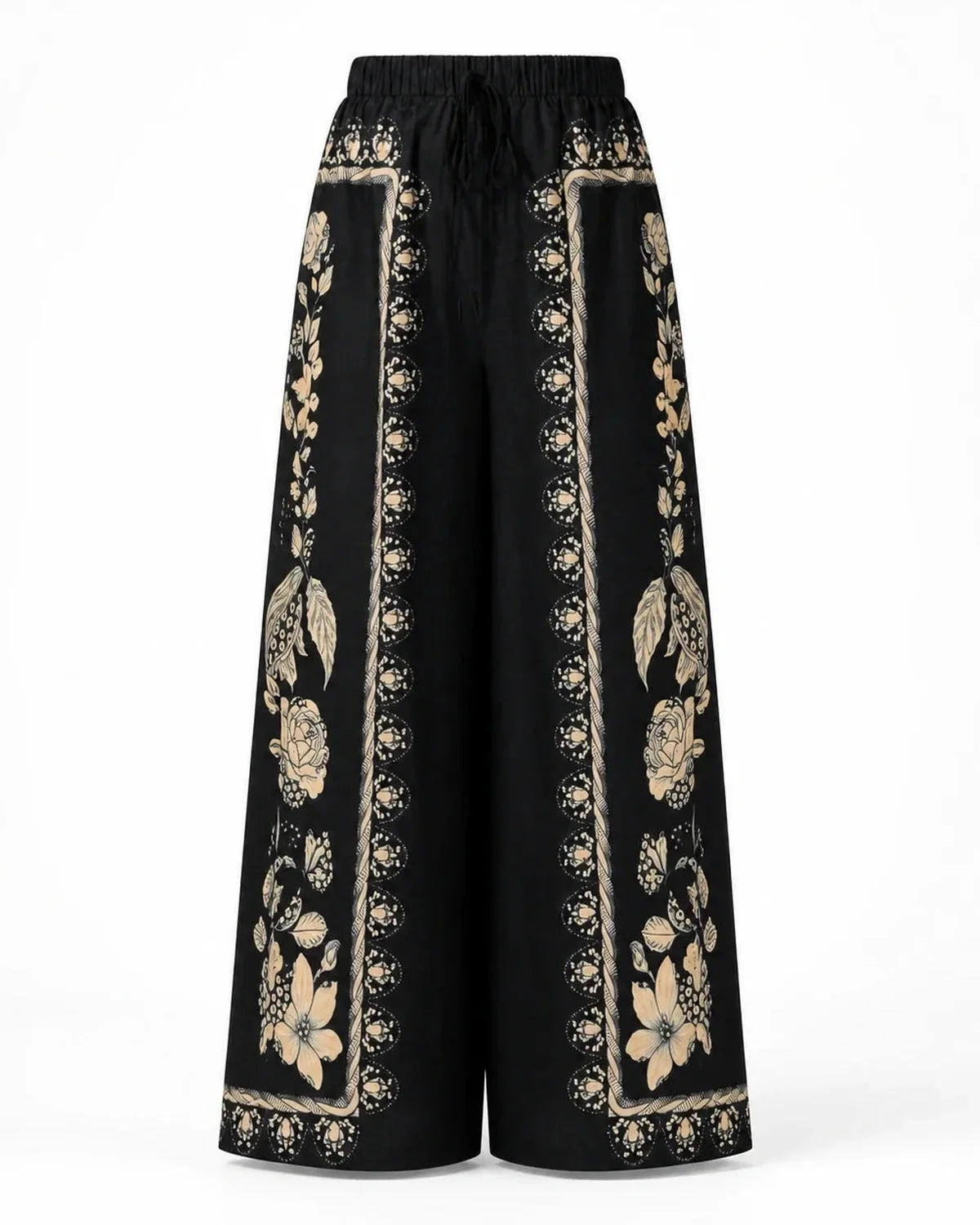 Black Floral Flow Pants with cream botanical border print on white background