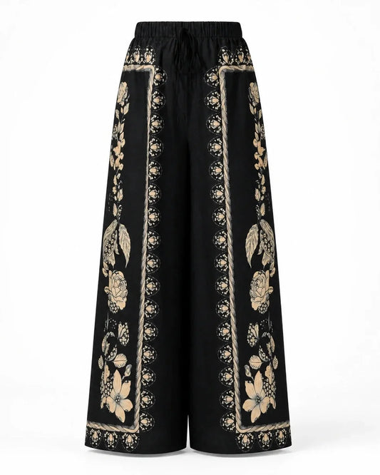Black Floral Flow Pants with cream botanical border print on white background