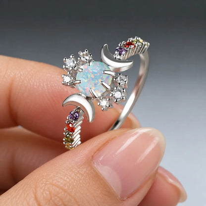 White Opal Triple Moon Ring