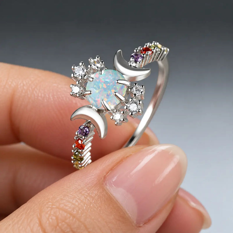 White Opal Triple Moon Ring