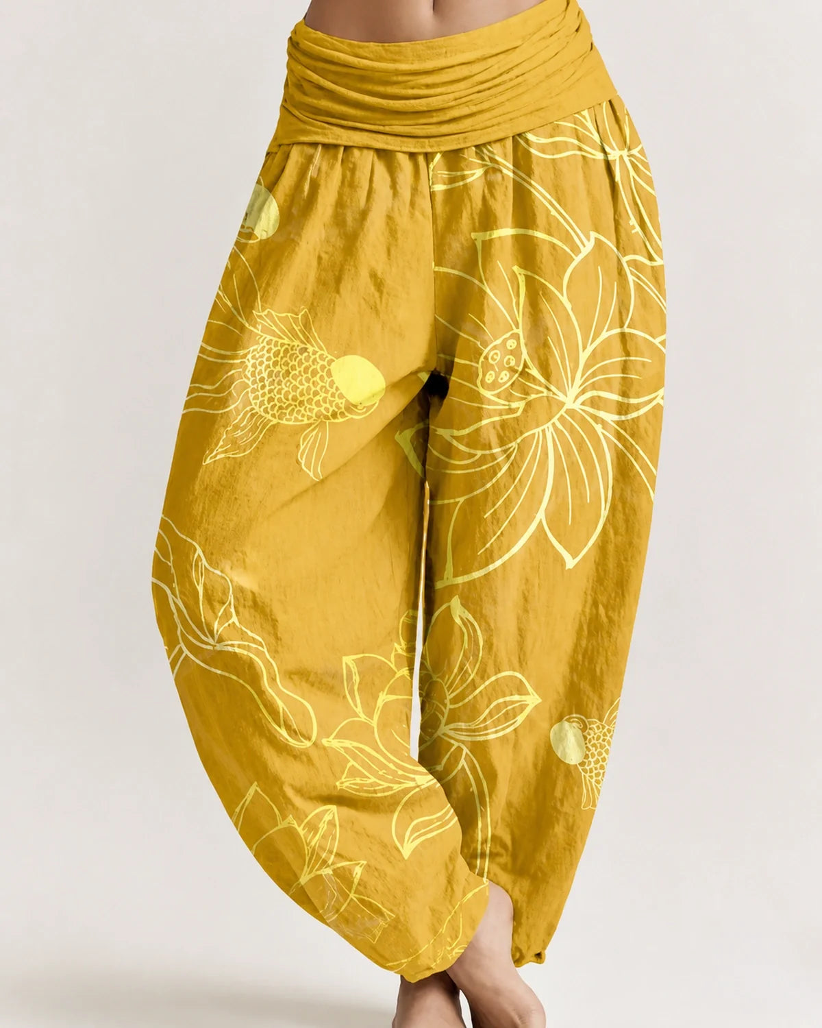 Gold Lotus Koi Renewal Harem Pants with pale koi and lotus print