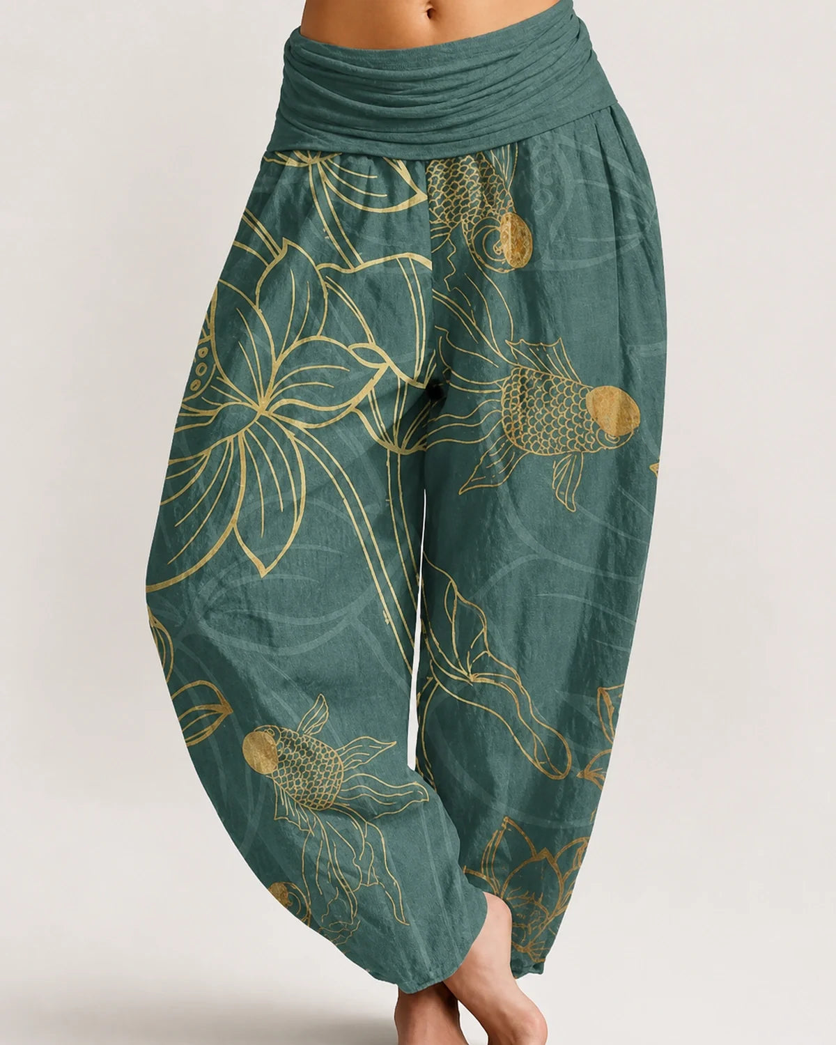 Green Lotus Koi Renewal Harem Pants with gold koi and lotus print