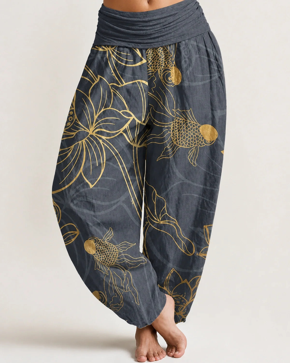 Grey Lotus Koi Renewal Harem Pants with gold koi and lotus print