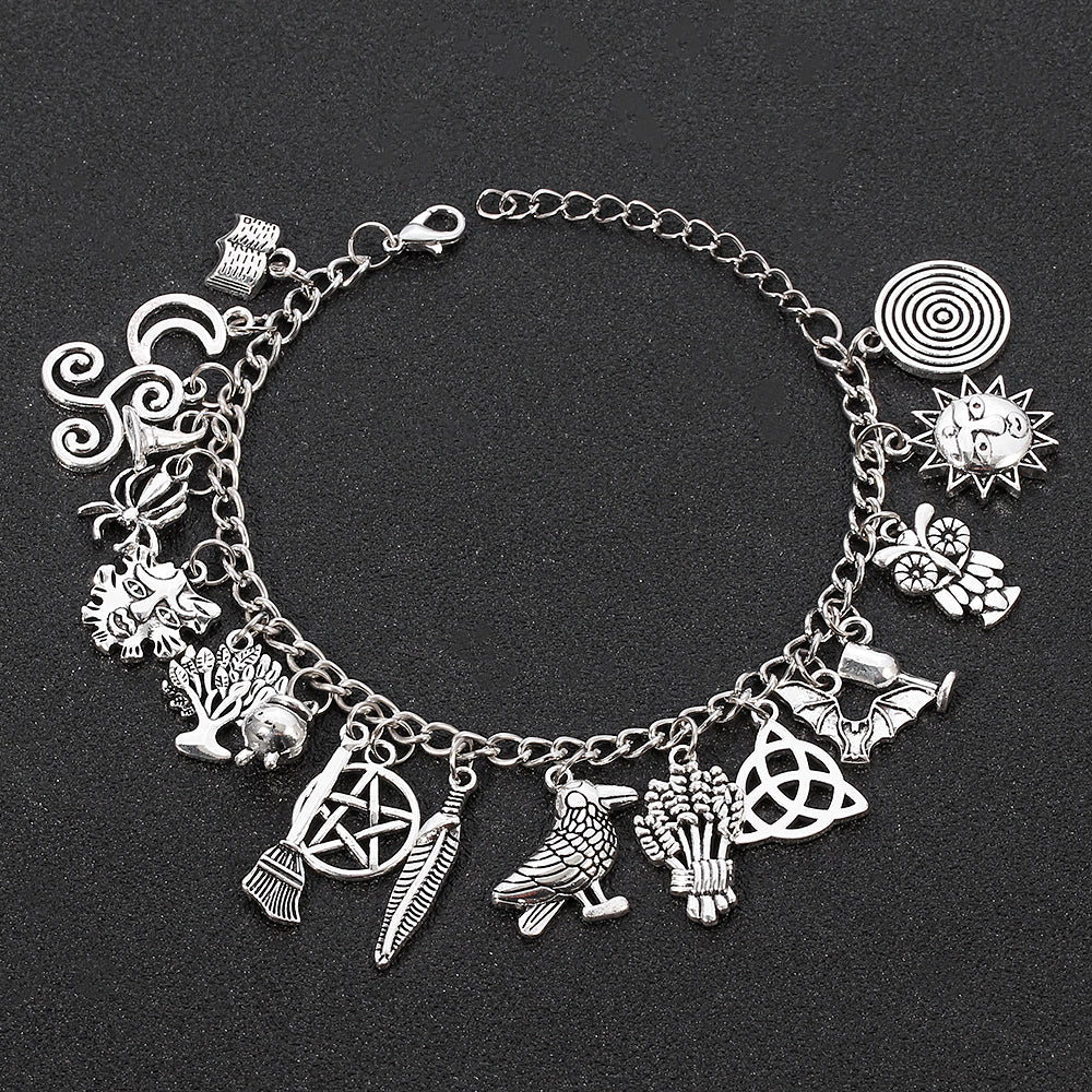 10 Clip on Wiccan Bracelet Charms Pentacle Athame Chalice Witch Tree  Triquentra Sun Moon Bos Goddess Wicca Pagan Silver 